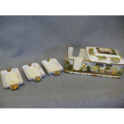 88 - A BEAUTIFUL MURMAC PORCELAIN CAPODIMONTE SMOKERS SET WITH 3 ASHTRAYS FEATURING HUNTNG SCENE (HINGE N... 