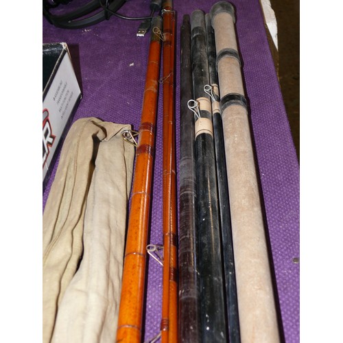 97 - 2 VINTAGE FISHING RODS 1 WITH BAG PLUS A FIBREGLASS FISHING POLE