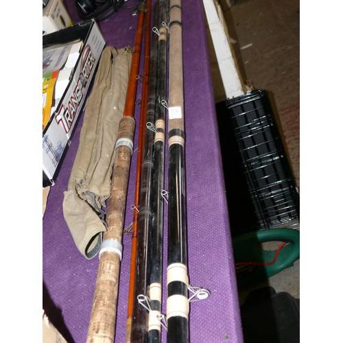 97 - 2 VINTAGE FISHING RODS 1 WITH BAG PLUS A FIBREGLASS FISHING POLE