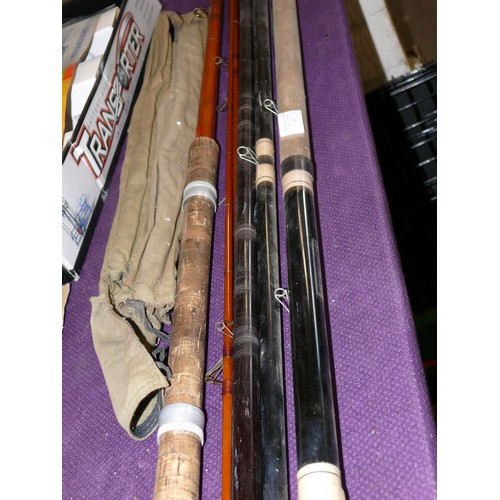 97 - 2 VINTAGE FISHING RODS 1 WITH BAG PLUS A FIBREGLASS FISHING POLE