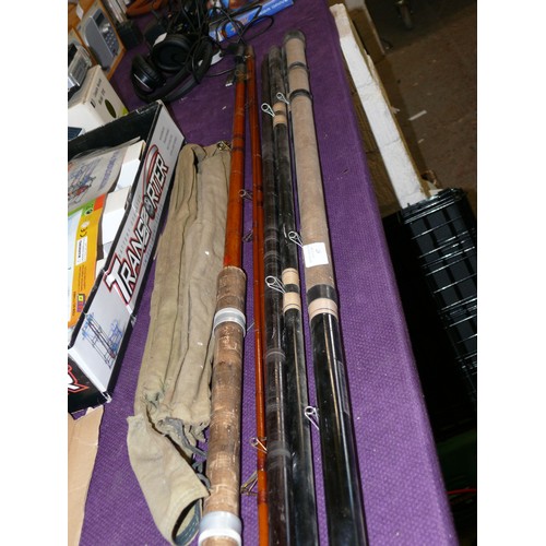 97 - 2 VINTAGE FISHING RODS 1 WITH BAG PLUS A FIBREGLASS FISHING POLE