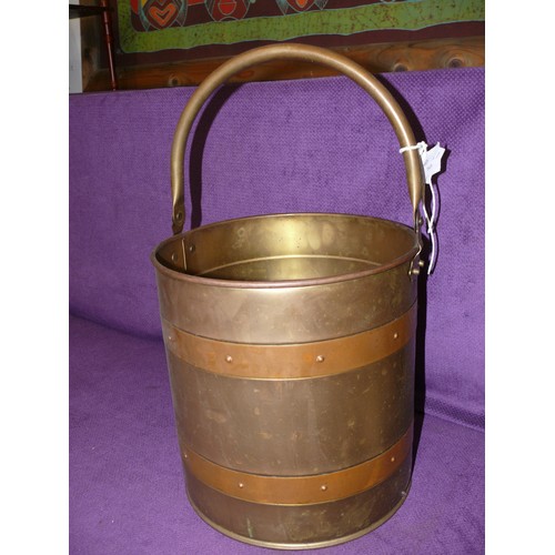 99 - A LARGE BRASS BUCKET WITH COPPER BANDING