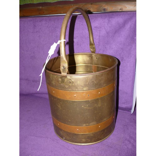 99 - A LARGE BRASS BUCKET WITH COPPER BANDING