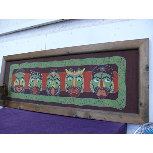 105 - Balinese, late 20th Century. Large original Batik picture - Five Masks - , signed by the artist, on ... 