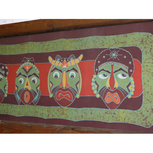 105 - Balinese, late 20th Century. Large original Batik picture - Five Masks - , signed by the artist, on ... 