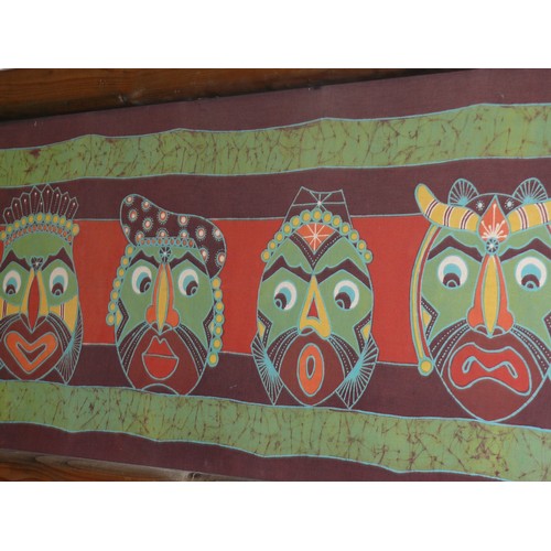 105 - Balinese, late 20th Century. Large original Batik picture - Five Masks - , signed by the artist, on ... 