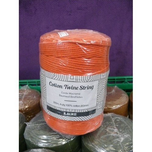 106 - A CRATE CONTAINING 15 BALL OF MACRAME /CRAFT CORD IN 3 COLOURS 4PLY 300M PER ROLL