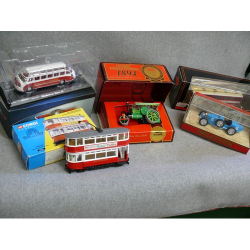 78 - 5 DIECAST VEHICLES CONSISTING OF AN ATLAS KASSBOHRER SETRA S8 ON PLINTH CORGI LONDON TRAM, GILBOW CO... 