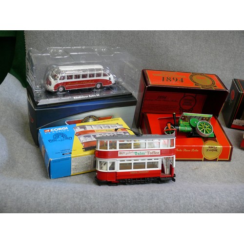 78 - 5 DIECAST VEHICLES CONSISTING OF AN ATLAS KASSBOHRER SETRA S8 ON PLINTH CORGI LONDON TRAM, GILBOW CO... 