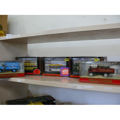 79 - 5 DIECAST VEHICLES - 3 GILBOW DOUBLE DECKER BUSES AND 2 MATCHBOX VANS, A MACK AC & YORKSHIRE TYPE WA... 