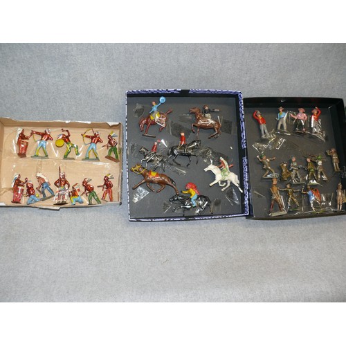 77 - 3 TRAYS OF LEAD FIGURES  CONSISTING OF COWBOYS AND INDIANS AND VARIOUS SOLDIERS