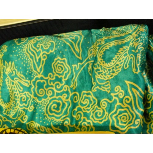 156 - YELLOW AND BLACK ORIENTAL STYLE MATERIAL AND GREEN FLORAL MATERIAL