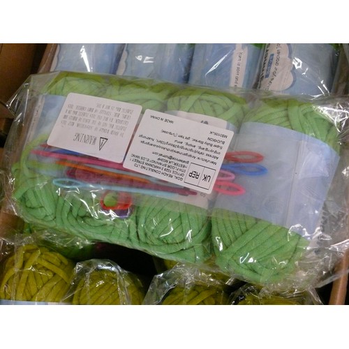 150 - 14 NEW PACKS OF GREEN YARN, 4 BALLS PER PACK PLUS NEEDLES AND STITCH MARKERS