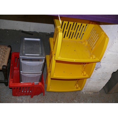 135 - 4 VINTAGE MODULAR PLASTIC STORAGE BINS 3 YELLOW AND 1 RED