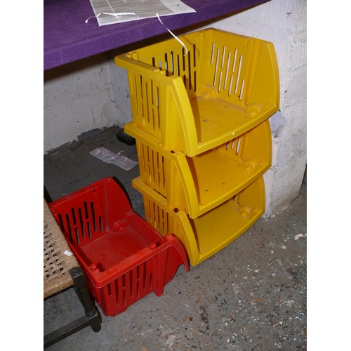 135 - 4 VINTAGE MODULAR PLASTIC STORAGE BINS 3 YELLOW AND 1 RED