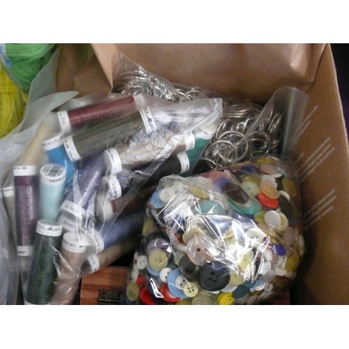 145 - A LARGE BOX OF MIXED CRAFT ITEMS INCLUDING FELT, YARN, BUTTONS, TOGGLES, RIBBONS, THREADS, STAMPS AN... 