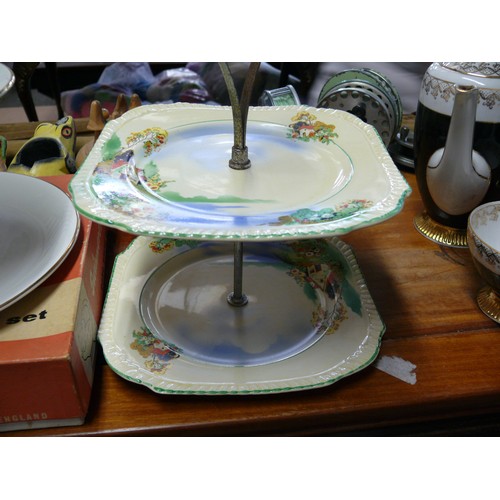 163 - 2 VINTAGE 2-TIER CHINA CAKE STANDS, 1 BY SWINNERTONS WITH ORIGINAL BOX