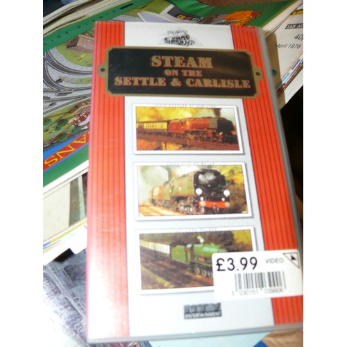 184 - TRAY CONTAINING A LARGE NUMBER OF MODEL RAILWAY BOOKS AND AGE OF STEAM VIDEOS