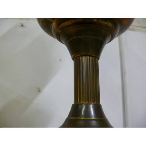 79A - A LARGE BRASS BASED OIL LAMP WITH GLASS FUNNEL AND SHADE