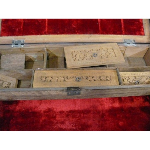 102A - A VINTAGE HEAVILY CARVED ORIENTAL WOODEN WRITING BOX WITH FITTED INTERIOR