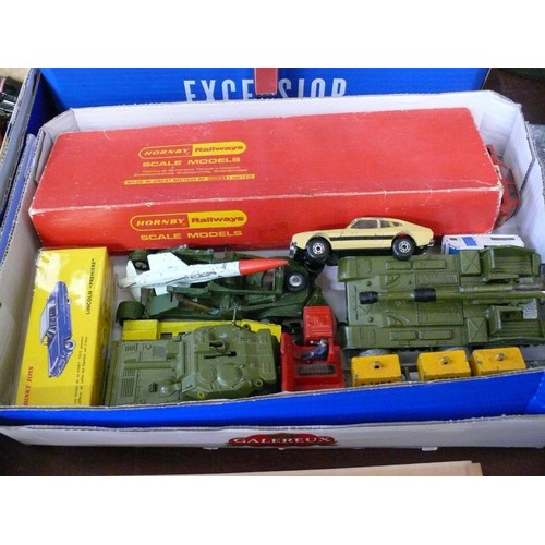 205 - A BOX OF COLLECTORS VEHICLES TO INCLUDE HORNBY RAILWAYS, DINKY, CORGI ETC