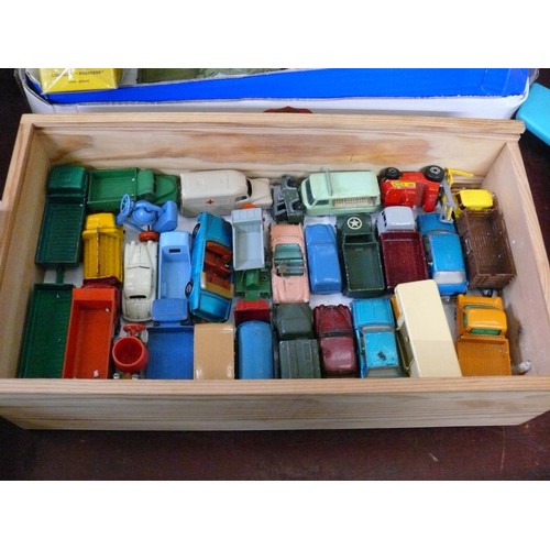 206 - A WOODEN BOX OF MINIATURE VEHICLES BY LESNEY, MATCHBOX ETC