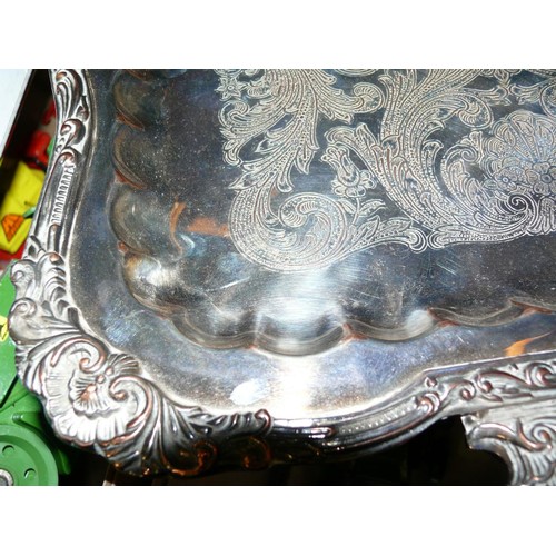 214 - A VINTAGE HEAVILY DECORATED SILVER PLATE TRAY