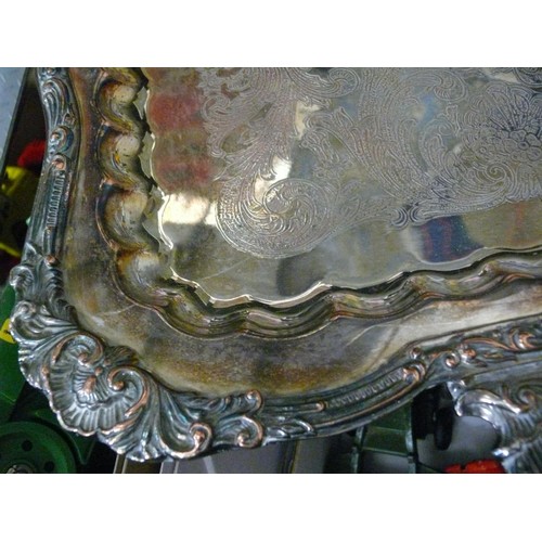 214 - A VINTAGE HEAVILY DECORATED SILVER PLATE TRAY