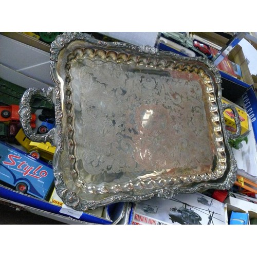 214 - A VINTAGE HEAVILY DECORATED SILVER PLATE TRAY