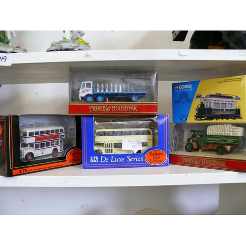 85 - 5 DIECAST VEHICLES INCLUDING 2 GILBOW DOUBLE DECKER BUSES, CORGI BLACKPOOL TRAM & 2 MATCHBOX WAGONS