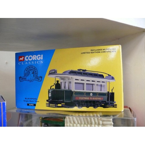 85 - 5 DIECAST VEHICLES INCLUDING 2 GILBOW DOUBLE DECKER BUSES, CORGI BLACKPOOL TRAM & 2 MATCHBOX WAGONS