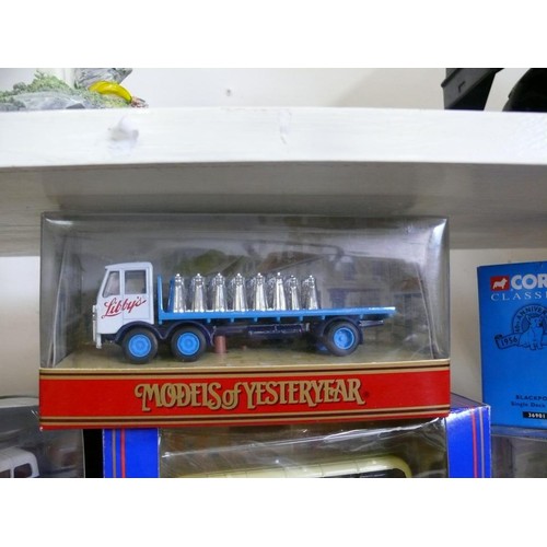 85 - 5 DIECAST VEHICLES INCLUDING 2 GILBOW DOUBLE DECKER BUSES, CORGI BLACKPOOL TRAM & 2 MATCHBOX WAGONS