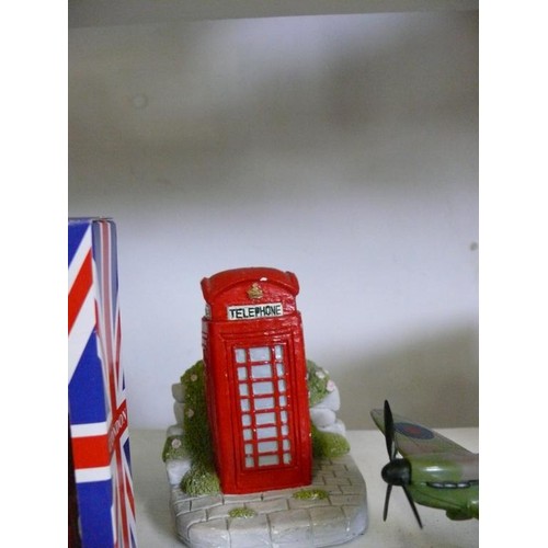 86A - A VERY BRITISH LOT CONSISTING OF A SPITFIRE MODEL, POSTBOX PENCIL SHARPENER AND A RED TELEPHONE BOX ... 