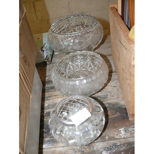 395 - 3 CRYSTAL ROSE BOWLS, STAGGERED SIZES