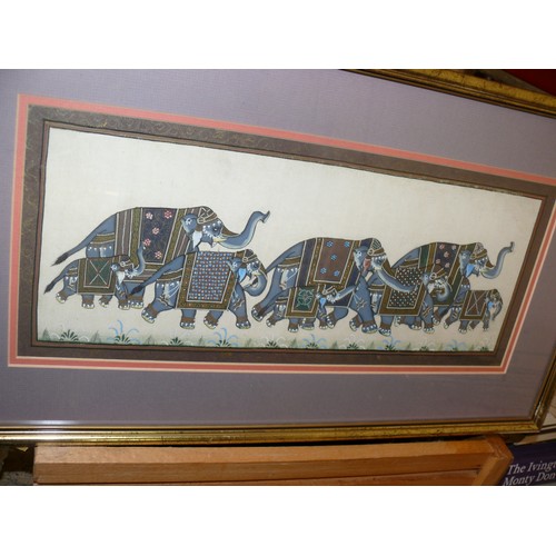 397 - BOX OF MOSTLY ELEPHANT THEMED PRINTS/FABRIC PICTURES FRAMED