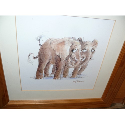 397 - BOX OF MOSTLY ELEPHANT THEMED PRINTS/FABRIC PICTURES FRAMED