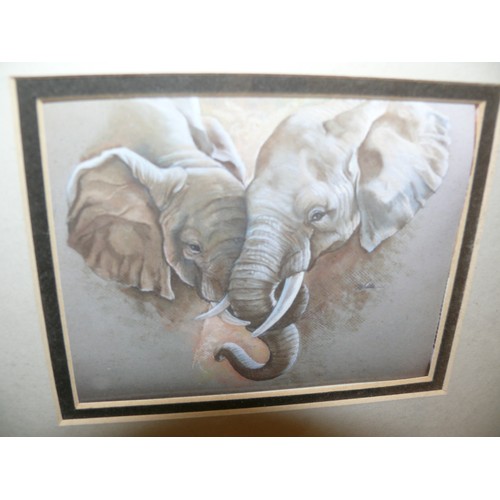 397 - BOX OF MOSTLY ELEPHANT THEMED PRINTS/FABRIC PICTURES FRAMED