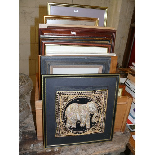 397 - BOX OF MOSTLY ELEPHANT THEMED PRINTS/FABRIC PICTURES FRAMED