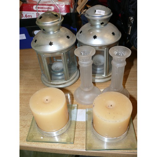 414 - 2 X CANDLE LANTERNS, 2 PILLAR CANDLESTICKS and 2 FLAT CANDLESTANDS