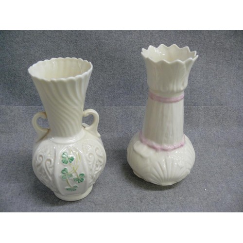 7 - 2 BELLEEK VASES WITH TYPICAL BELLEEK PATERN OF SEA SHELLS - 1 WITH CELTIC KNOTS AND THE SHAMROCKS (T... 