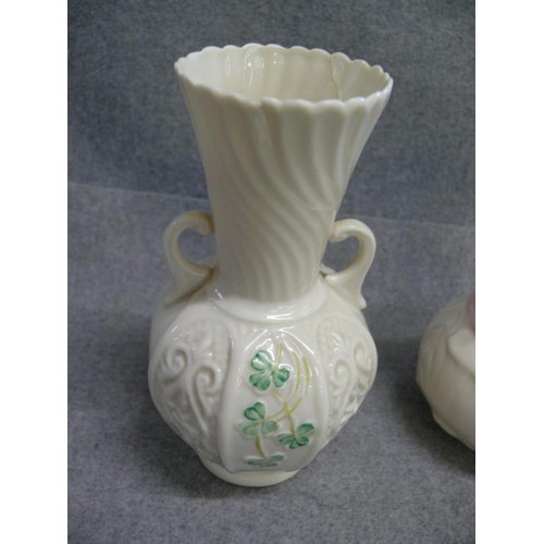 7 - 2 BELLEEK VASES WITH TYPICAL BELLEEK PATERN OF SEA SHELLS - 1 WITH CELTIC KNOTS AND THE SHAMROCKS (T... 