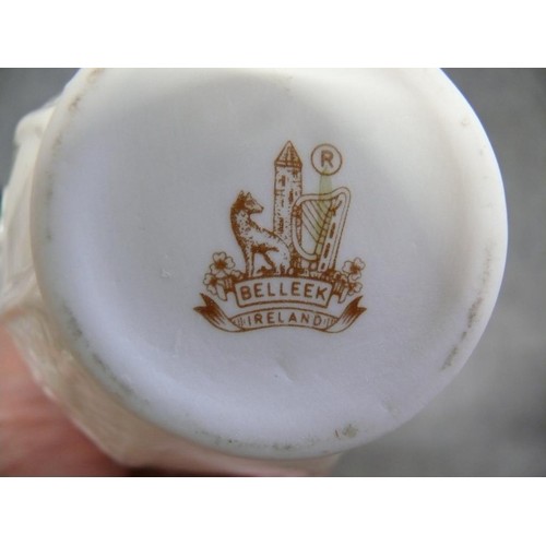 7 - 2 BELLEEK VASES WITH TYPICAL BELLEEK PATERN OF SEA SHELLS - 1 WITH CELTIC KNOTS AND THE SHAMROCKS (T... 