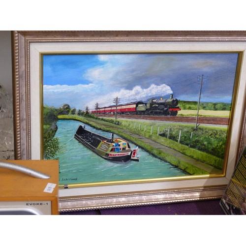 89C - A FRAMED OIL PAINTING OF CANAL BOAT AND STEAM TRAIN SIGNED N. SIMMONS