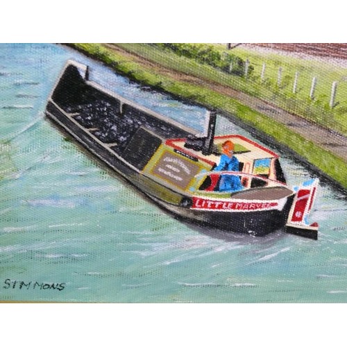 89C - A FRAMED OIL PAINTING OF CANAL BOAT AND STEAM TRAIN SIGNED N. SIMMONS