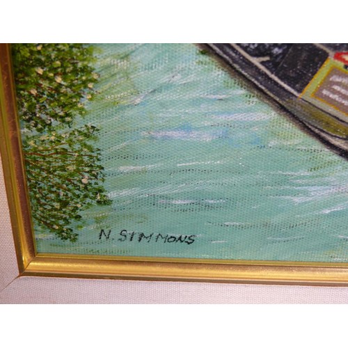 89C - A FRAMED OIL PAINTING OF CANAL BOAT AND STEAM TRAIN SIGNED N. SIMMONS