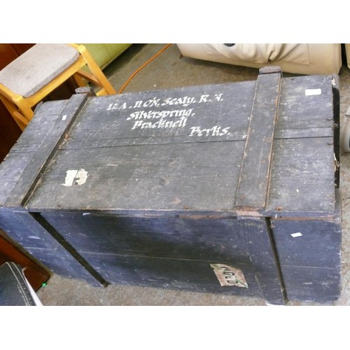 379 - VERY LARGE VINTAGE WOODEN CHEST PAINTED BLACK