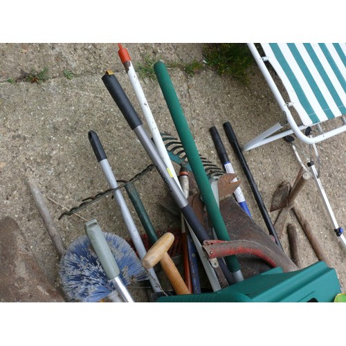 308 - QUANTITY OF TOOLS SPADE, TREE SAWS, RAKE ETC