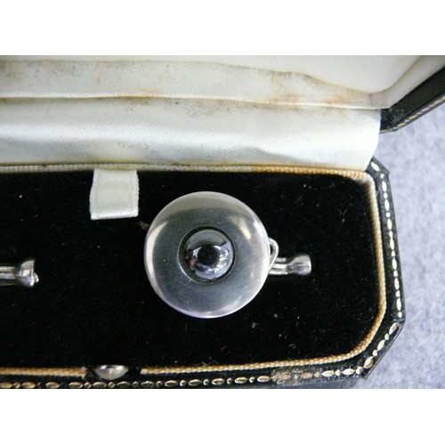 49 - A PAIR OF SIMON CARTER CUFF LINKS IN PEWTER & HEMATITE STONE.  SIMON CATER IS ONE OF THE TOP DESIGNE... 