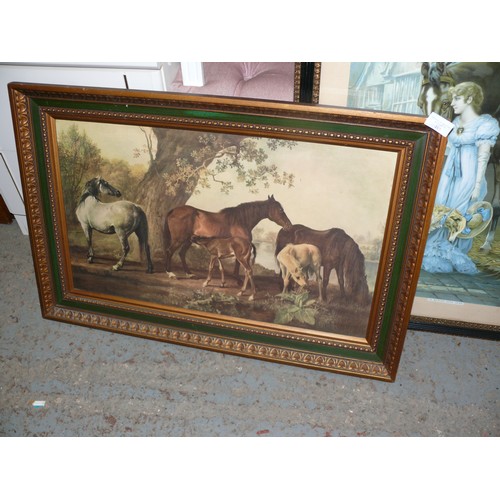 485 - LARGE HORSE PRINT SET IN A LOVELY BROWN AND GREEN FRAME PLUS A LARGE PRINT ' IN THE STABLE' FRAMED A... 