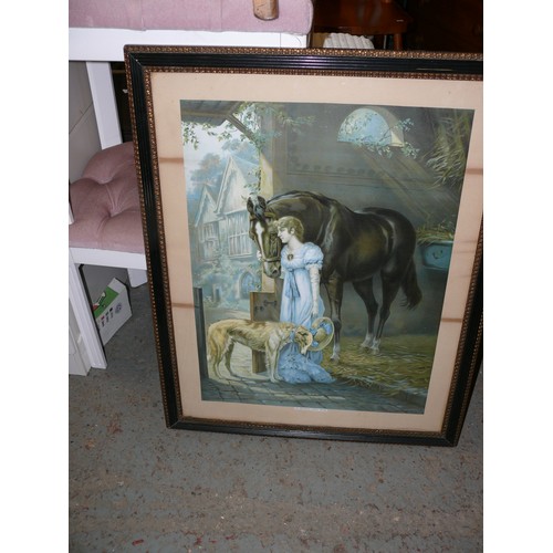 485 - LARGE HORSE PRINT SET IN A LOVELY BROWN AND GREEN FRAME PLUS A LARGE PRINT ' IN THE STABLE' FRAMED A... 